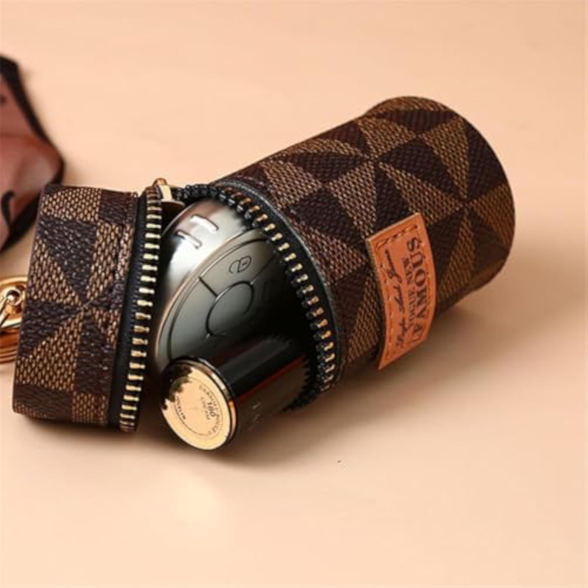 Mini Leather Keychain Coin Pouch, Round Zipper Bag