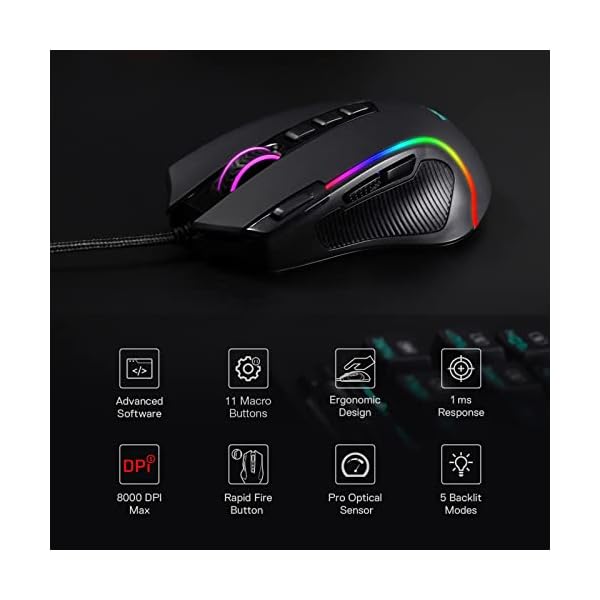 Redragon M612 Predator RGB Gaming Mouse, 8000 DPI Wired Optical Gamer Mouse with 11 Programmable Buttons & 5 Backlit Modes, Software Supports DIY Keybinds Rapid Fire Button - Image 4