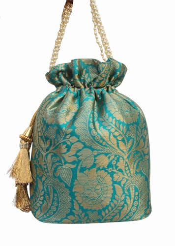 Image of MILAN'S CREATION Banarasi Silk Brocade Potli Bag Purse With Base Drawstring Women's handbag with Pearl Handle & Tassel Weddings