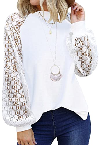 Image of Shasmi Women's White Ballon Long Sleeve, Crew Neck Tops Lace Casual Loose Blouses T Shirts (Shree Top 29)