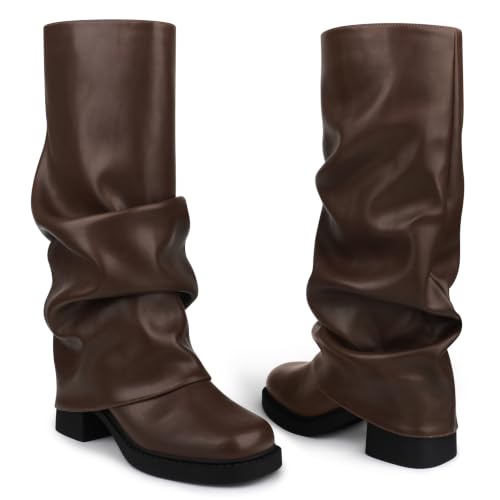 Image of Women's Fold Over Slouchy Mid-calf Boots Square Toe Low Chunky Block Heel Boots