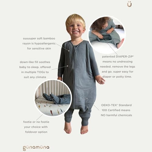 Image of GUNAMUNA Baby Footie Sleep Bag, Walkable Wearable Blanket, Easy Diaper Zipper, Convertible Foot Cuffs, Anti-Slip Grip, 1.0TOG