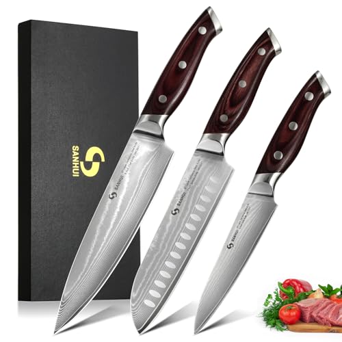 SANHUI 3er Damastmesser Set,Küchenmesser Set aus 67 Lagen Damaststahl mit Pakkaholzgriff,Profi Damast Messer Set in Geschenkbox – Ideal für...