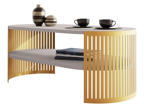 Mirjan24 Couchtisch mit Ablage Fahugin I, Ovale Form, Beine aus Metall, Kaffeetisch, Wohnzimmertische, Beistelltisch, Sofatisch, Teetisch (Cashmere, Gold)