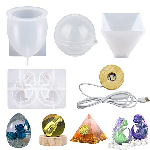 NA Yayatty 5 PCS Resin Egg Molds, 3D Dragon Egg Resin Mold Silicone, Pyramid Silicone Resin Mold, Sphere Jewelry Making Craft Mold with Lamp Base for DIY Craft Ornament and Home Decoration