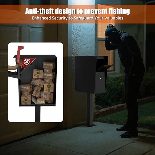 Image of Package Mailbox with Lock, Large Post-Mount Locking Mailboxes for Outdoor Use, Heavy-Duty Steel Curbside Security Mailbox with Post and Base Plate, Weatherproof Mail Box for Residential Deliveries
