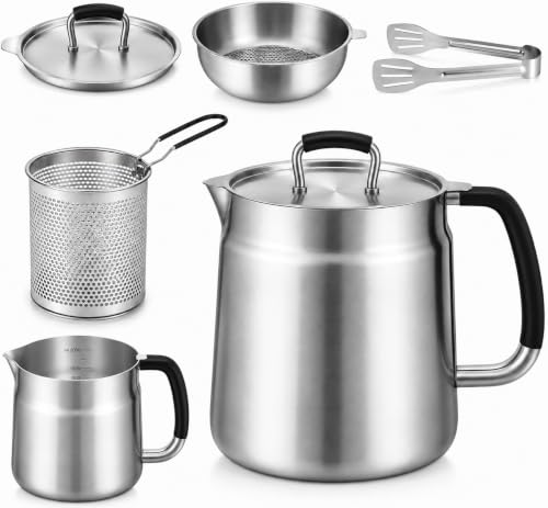 68oz 3-in-1 304 Stainless Steel Oil Filter Pot with Fine Mesh Oil Strainer & Tong, Heat-Resistant Handle, 2LCapacity Bacon Grease Container for Kitchen & Camping,Multi-Functional Frying Oil Container.