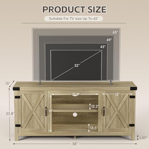 YESHOMY Modern Farmhouse TV Stand with Two Barn Doors and Storage Cabinets for Televisions up to 65+ Inch,Entertainment Center Console Table,Media Furniture for Living Room,Yellow Oak