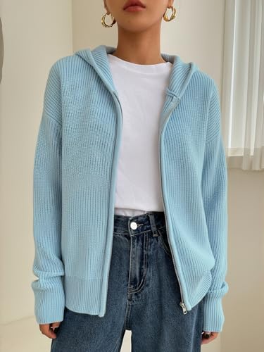 Image of SOLY HUX Zip Up Cardigan for Women Hooded Cardigan Sweater Knitted Drop Shoulder Fall Clothes Winter Hoodies Outerwear