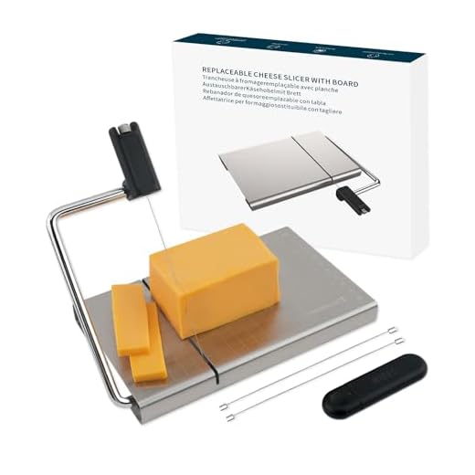 KITCHENDAO Replaceable Wire Cheese Slicer with Board and Measuring Grids,Tightness Adjustable Cheese Slicer, Stainless Steel Metal Cheese Cutter for Block Cheese, Dishwasher Safe, with 2 Extra Wires