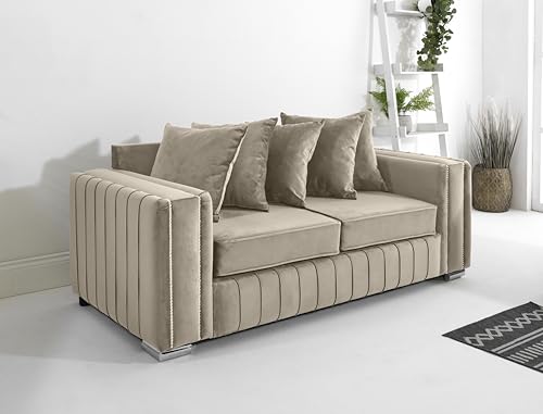 Sofahub Layla Cream Plush Velvet Scatterback Sofa – Foam Cushions, Chrome Feet, Button-Detail Arms – Available in 2 Seater, 3 Seater, 3+2 & Corner Sofa Options (Cream, 3 Seater)