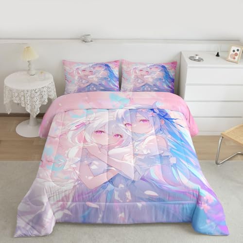 Image of Erosebridal 3D Kawaii Girly Bedding King Size, Japanese Girl Comforter Set for Kids Toddler Girls Cherry Blossoms Bedding Comforter Sets, Watercolor Romance Duvet Set Happy Friendship Down Comforter