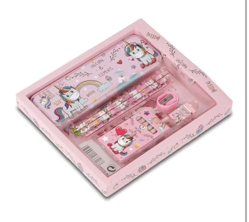 Image of Pack of 6 sets- Unicorn Themed Stationery Set for Kids party I Kit with Pencil box, Pencils, Eraser, Ruler, Sharpener & caryons - Birthday Return Gifts in bulk for Girls 3-10 Years.