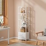 Furnulem 5-Tier Corner Shelf, Narrow Bookshelf with 2 Storage Drawers, Tall Bookcase, Wood Display Standing Shelf Organizer Unit for Living Room, Bedroom, Metal Frame(White) - Image 2