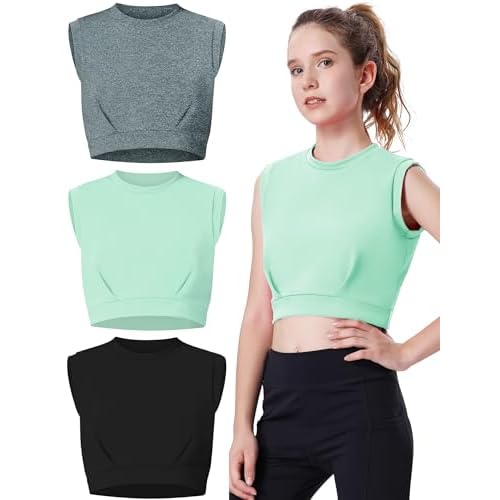 EXARUS Girls Tank Tops Athletic Crew Neck Sleeveless Elastic Waist Workout Gym Dance Crop Top 6-14Y 12 Years Set 2