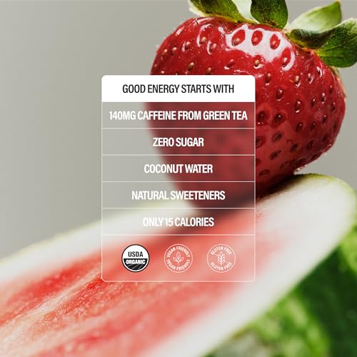 Image of GURU Zero Sugar Energy Drink, Strawberry Watermelon Organic Sparkling Energy Drink with 140 MG Natural Caffeine & Coconut Water for Workouts, Performance & Midday Boost, Gluten Free, Vegan, 12 Fl Oz, 24 Pack