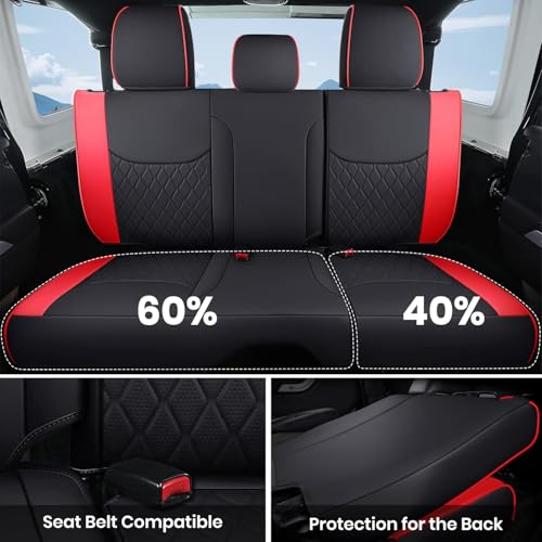 Image of Coverado Seat Covers 4-Door Fullset for Jeep Wrangler JK JL, Leather Car Seat Covers for Truck Automotive Seat Covers Custom Fit for 2007-2024 Jeep Wrangler（RED）