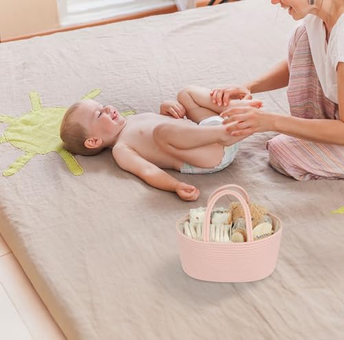 Image of Diaper Caddy Organizer Cotton Rope Baby Basket Nursery Storage and Portable Tote Bag for Car Ideal Baby Shower Gifts and Registry Must-Have for Newborn Essentials coral pink