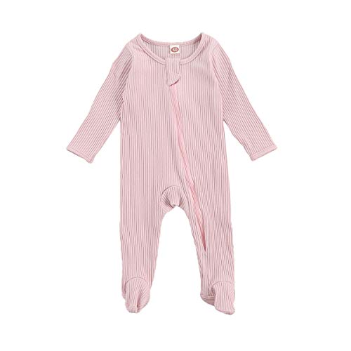 Image of Goelsakurara Newborn Baby Boy Girl Romper Bodysuit Long Sleeve Footie Onesie Jumpsuit Ribbed Fall Winter Clothes Outfit (C-Zipper Pink,0-3 Months)