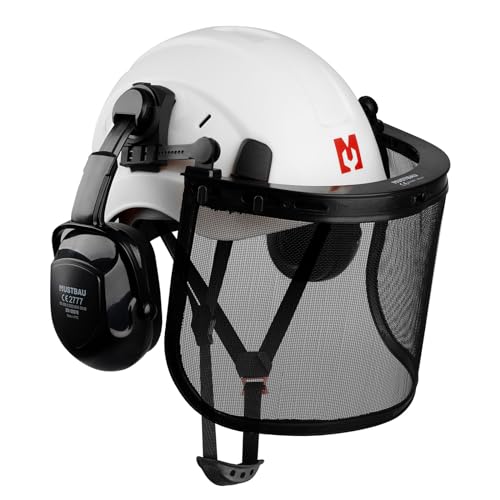 Mustbau Casque de Sécurité pour Tronçonneuse, Casque de Protection avec Coquilles Antibruit et Visière en Maille, 53 à 63cm Tour de Tête Réglable Convient pour Forestière, Chantier, Travail - Blanc