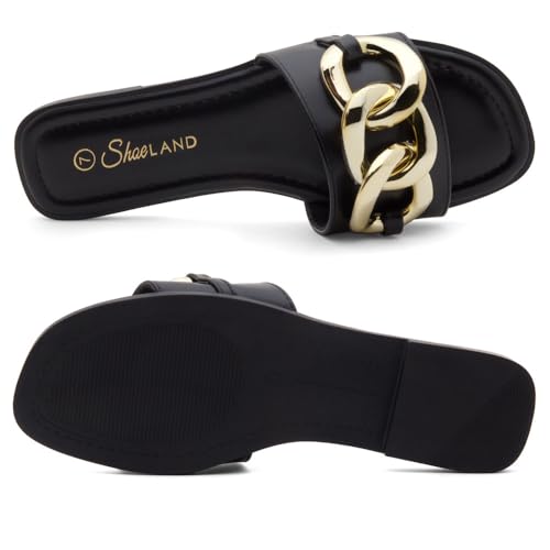 Shoe Land Women's Flat Sandals - Square Open Toe Single Band Fashion Slides with Metal Chain Dressy 2025 Trendy | Comfortable Slippers with Cushioned Footbed for Summer4