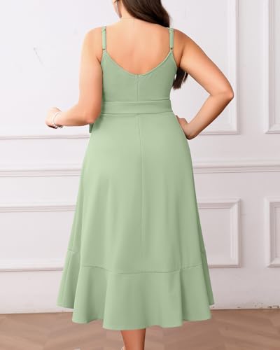 Image of Pinup Fashion Plus Size Cocktail Party Wedding Guest Semi Formal Midi Dress | Sexy V-neck, adjustable spaghetti strap, belted waist, fit and flare, flowy high-low ruffle hem, ideal for prom, homecoming