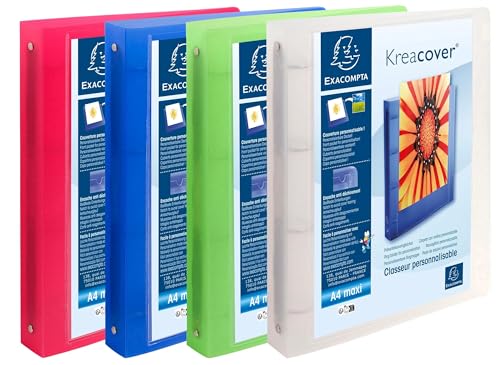 Exacompta - Réf. 51869E - Carton de 12 classeurs personnalisable 1 poche - 4 anneaux ronds 30 mm - Dimensions extérieures : 32 x 26,8 cm - Format à classer A4 Maxi - Assortis