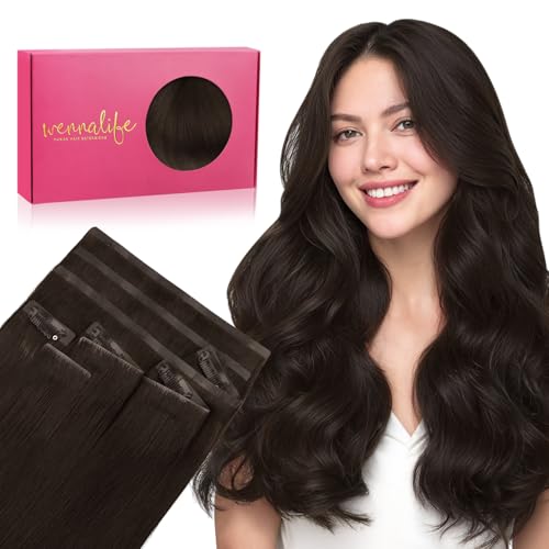 Image of WENNALIFE Invisi Edge & Classic Seamless Clip in Hair Extensions Real Human Hair, 22 Inch 150g 7pcs Light Dark Brown Hair Extensions for Women Invisible Straight Injection Extensiones de Cabello Human