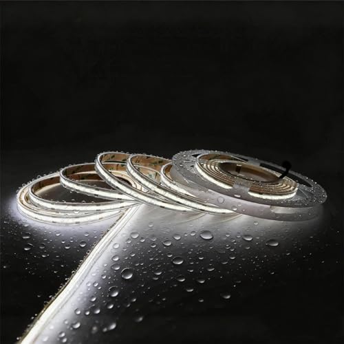 COB LED Light Strip Waterproof IP67, 16.4ft 480 LEDs/m CRI>90 12V 6000K Dotless High Density Outdoor LED Strip Lights for Indoor&Outdoor, Kitchen Under Cabinet, Bathroom, Patio, Deck (No Power Supply)
