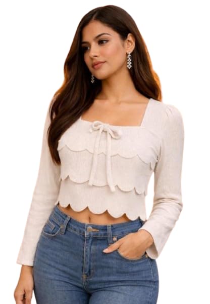 bjird Women's Long Sleeve Crop Top, Beige, Scallop Hem with Tie Front, Square Neck-picture-53