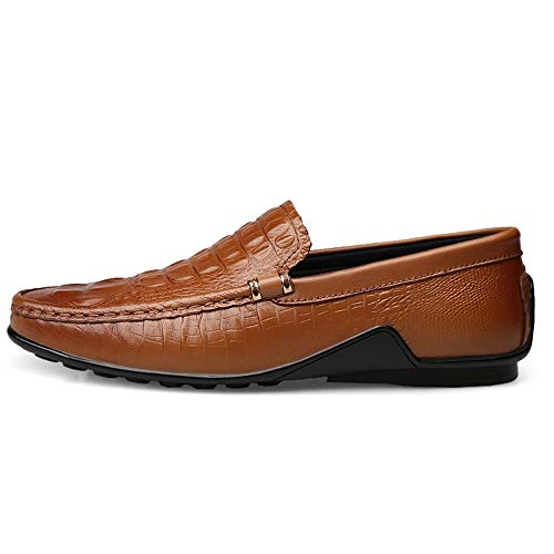 Fashion Embossed Penny Loafers for Men Genuine Leather Lightweight Comfortable Dress Wedding Casual Shoes Anti-Slip Flat Slip-on Round Toe(Brown,10 M US)3