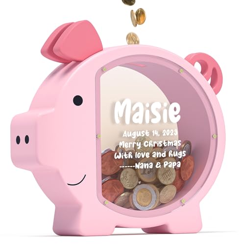 Image of Piggy Bank for Kids Girls, Pink Kids Piggy Bank with Creative DIY Stickers