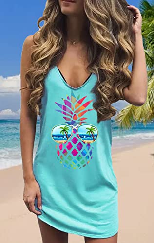 Image of Live Simple Coconut Tree Sleeveless Mini Dress Summer Beach Mini Dress Women's Summer Casual Sexy V Neck Mini Tank Dress