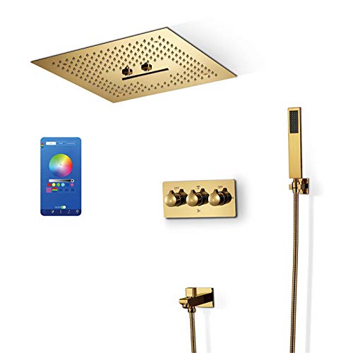 Combo de Ducha Dorada LED de 64 Colores Juego de Techo de baño montada en la Ducha de baño con Cabezal de Ducha de 16 Pulgadas, Ducha de Mano, Grifo de bañera, Control de teléfonos móvil LWX