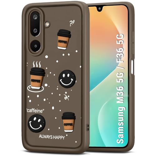 Image of TheGiftKart Back Cover Case for Samsung Galaxy M36 5G / F36 5G | Cute Fun Cartoon 3D Smiley Coffee Case | Full Camera Protection | ShockProof Back Cover Case for Samsung M36 / F36 5G (Silicone, Brown)
