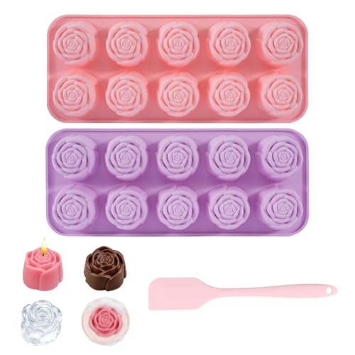 WNGASY Rose Silicone Chocolate Molds 2 Pack 20-Cavity Flower Candy Molds with Spatula Non-Stick Baking Mold for Chocolate Gummies Jelly Ice Cubes (Rose Flower Basic Set)