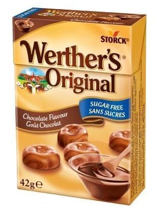 Storck Werther's Original Sugar Free Chocolate Flavour Hard Candies, Each 42g, Pack of 2 with Free Flavourito Kunafa Pistachio Chocolate, 20g (Product Of Germany) By Decadent Foods