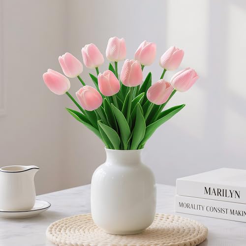 ZOES HOMDECO 20 Pcs Pink Tulips Artificial Flowers 13 Fake Pink Tulips Real Touch PU Faux Tulip Bouquet for Mothers Day Floral Arrangement Home Kitchen Table Wedding Decorations