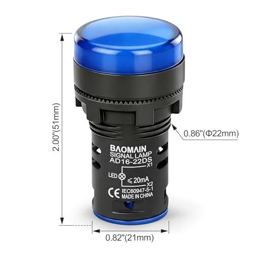 Image of BAOMAIN 22mm LED Industrial Indicator Light,110V AC Pilot Signal Lamp for Industrial Machinery Control Circuits,7 /8 inch Panel Mount, Screw Terminal,Blue,10-Pack