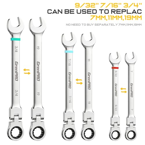 Image of GRENPRO 23PC Flex Head Ratcheting Wrench Set SAE & Metric Mechanic Tools | 1 /4 inch-3 /4 inch&6-18MM Bolt Gauge, CR-V Steel 72-Tooth 180-Degree Flex Head 12Pt, Color Rings, Roll Pouch For Auto & Home Repair