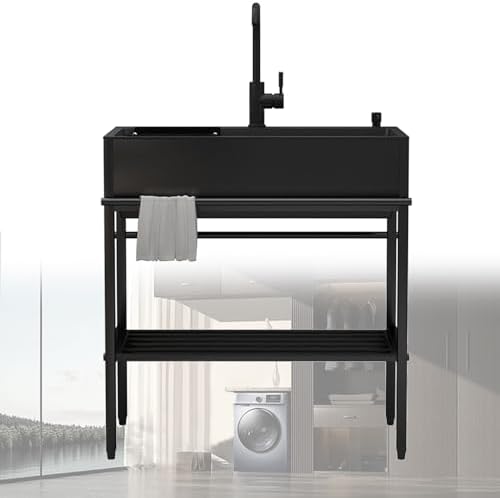 Freestanding Utility Sink,Utility Sink,Free Standing Stainless Steel Compact Kitchen Sink Cabinet,Black Laundry Room Outdoor Sink Hand Washing Station,Bathr(One Color-60x45x86cm/23.6x17.7x33.9in
