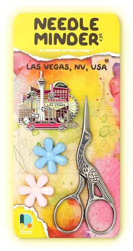 Image of Awesome Pattern Studio Needle Minder Set - Las Vegas Magnetic Needle Minder + 2 Needle Threaders + Crane Scissors. Enamel Pin for Cross Stitch, Embroidery and Craft