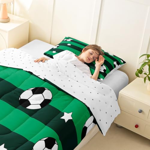 Image of Feelyou Soccer Comforter Set Twin Size Kids Football Pattern Games Bedding Set for Boys Girls Teens Sports Theme Green Geometric Stripes Duvet Quilt Room Decor