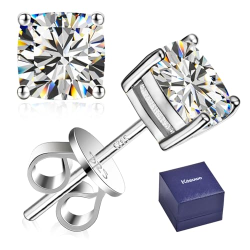 925 Sterling Silver Handmade Stud Earrings -2Ct (1Ct x 2) Synthetic Diamond, KOSUWO 18K White Gold Plated Stud Earrings for Men (18k white gold plated-cz-square)