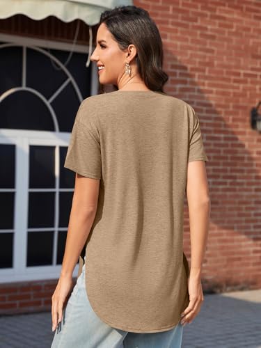 Image of Womens Deep V Neck T Shirts Oversized Side Split Summer Sexy Tunic Tops | Loose Fit, Low Cut, Soft Comfortable, Flowy, Casual Dressy, Stretchy, Beach Vacation, Solid Color, Curved Hem