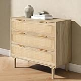 HOPUBUY Large Nightstand with Rattan Drawer, Modern 3 Drawer Night Stand for Bedroom, Wooden Bedside Table for Queen Size and King Size Bed,Oak