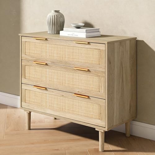 HOPUBUY Large Nightstand with Rattan Drawer, Modern 3 Drawer Night Stand for Bedroom, Wooden Bedside Table for Queen Size and King Size Bed,Oak