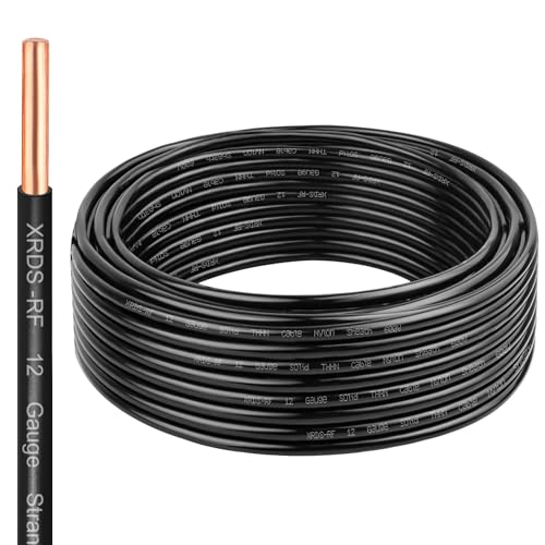 Image of THHN Wire 25 FT, Single Bare Copper Conductor, 12AWG Black Electrical Wire, Solid Building Wire 600V Nylon Sheath Cable for Indoor /Outdoor Applications