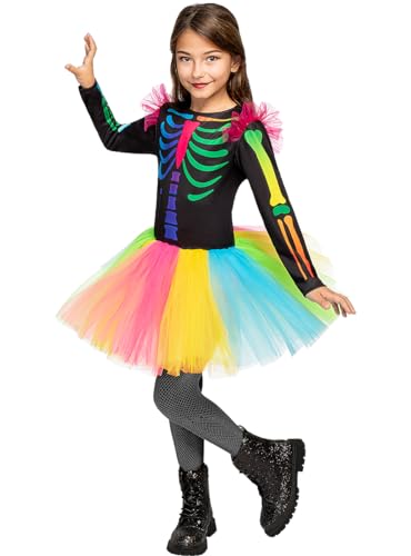 Funidelia | Disfraz de esqueleto colorido para niña Esqueleto, Calavera, Muerte, Terror - Disfraz para niños y divertidos accesorios para Fiestas, Carnaval y Halloween - Talla 10-12 años - Negro
