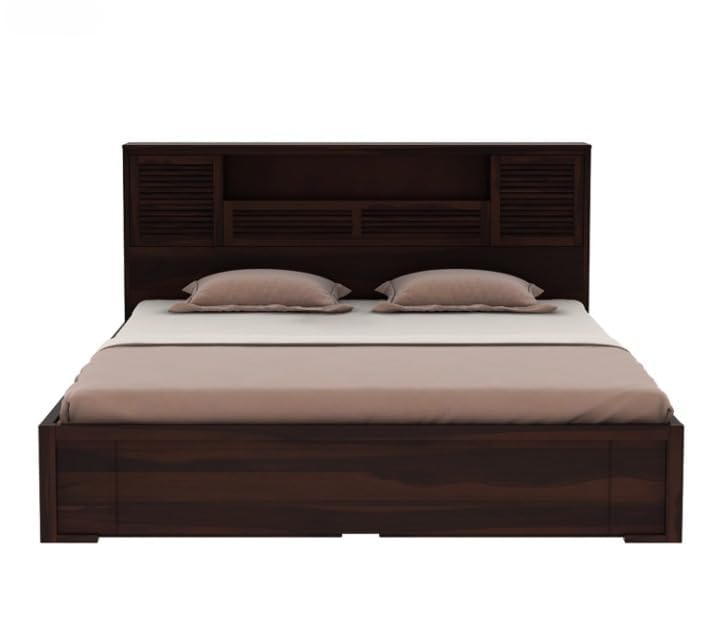 Image of Solid Sheesham Wood Bed with Storage | Wooden Bed with Drawer Storage & Designer Headboard | Strong & Durable Bed Frame for Bedroom Home & Hotel (Walnut Finish, King)
